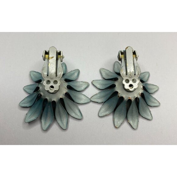 Blue Enamel Flower & Rhinestone Center Clip Earrings Vintage - Picture 3 of 4